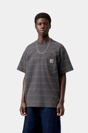 Carhartt WIP S/S Bert Pocket T-Shirt, Bert Stripe, Graphite / Curacao, Garment Dyed - frontal