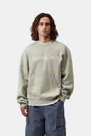 Carhartt WIP Painter Sweat, colorway Shady Green destroy wash splatter, vista en modelo 1